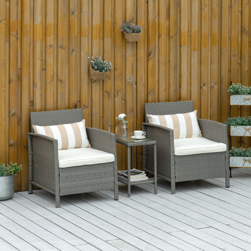 Rattan Garden Furniture 3 Pieces Patio Bistro Set Wicker Weave Conservatory Sofa Chair & Table Set with Cushion Pillow - Light Grey