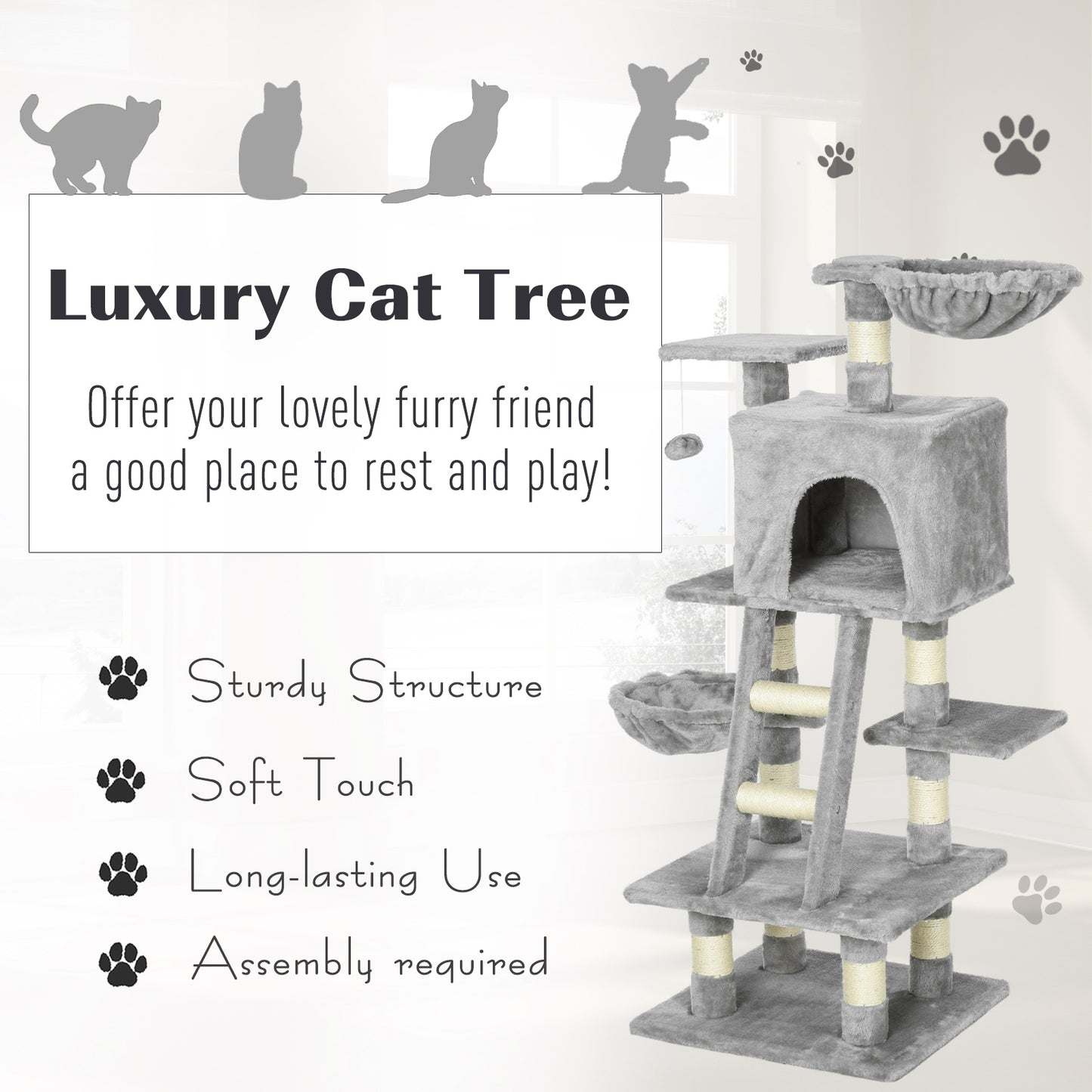 Plush Cat Tree, 125cm Cat Scratching Post for Indoor Large Cats with Hammock and Condo Activity Center Grey