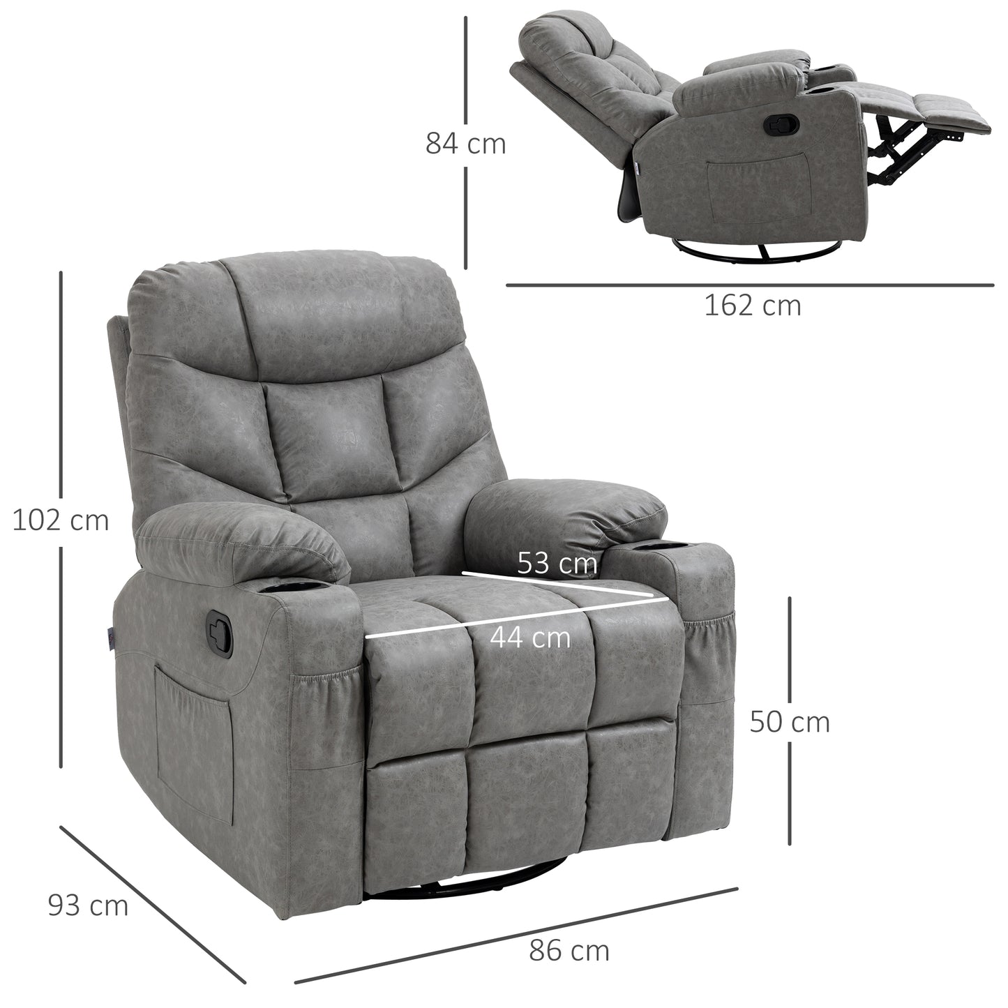 Manual Recliner Chair, Overstuffed PU Leather Recliner Armchair with Footrest, Cup Holders, Side Pockets, 360¬¨¬®¬¨¬Æ‚Äö√Ñ√∂‚àö‚Ä†‚àö¬™ Swivel for Living Room Bedroom, Light Grey