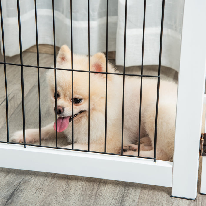 Freestanding Pet Gate 4 Panel Wooden Dog Barrier Foldable Safety Fence with Support Feet 264cm Long 77cm Tall for Doorway Stairs White