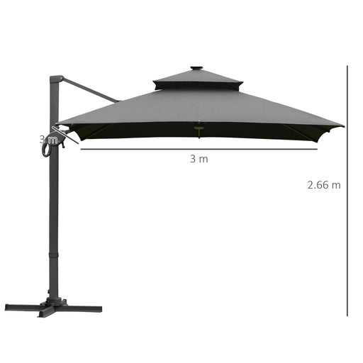 Outsunny 3 x 3(m) Cantilever Roma Parasol Garden Sun Umbrella, Two-tier 250g Polyester Sun Shade with LED Solar Light, Aluminum Frame, Cross Base 360Â¬Â¨âÃ Ã» Rotating for Backyard Dark Gray