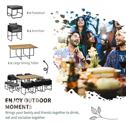 Outsunny Patio 11 PCs PE Rattan Dining Set, Garden Round Wicker 10-seater Table & Chair Sets, with Wood Grain Plastic Top, Space-saving Design, for Indoor & Outdoor, Black