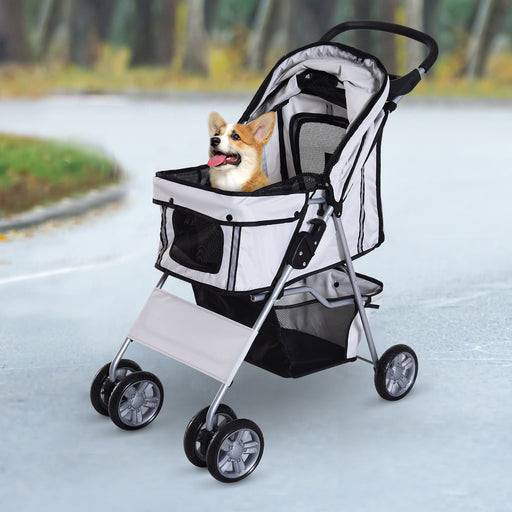 Dog Pram Pet Stroller Dog Pushchair Foldable Travel Carriage with Wheels Zipper Entry Cup Holder Storage Basket Grey