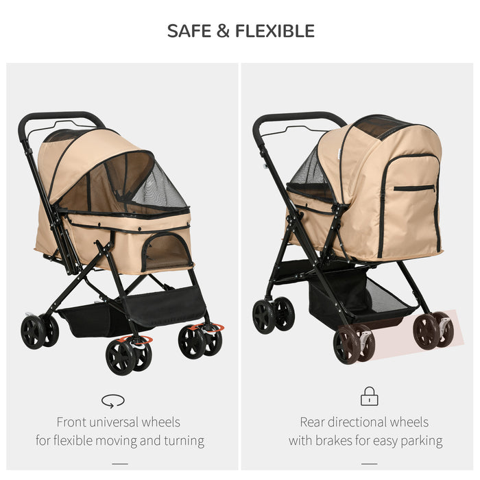 Pet Stroller Dog Cat Travel Pushchair Foldable Jogger with Reversible Handle EVA Wheel Brake Basket Adjustable Canopy Safety Leash for Small Dogs, Light Brown