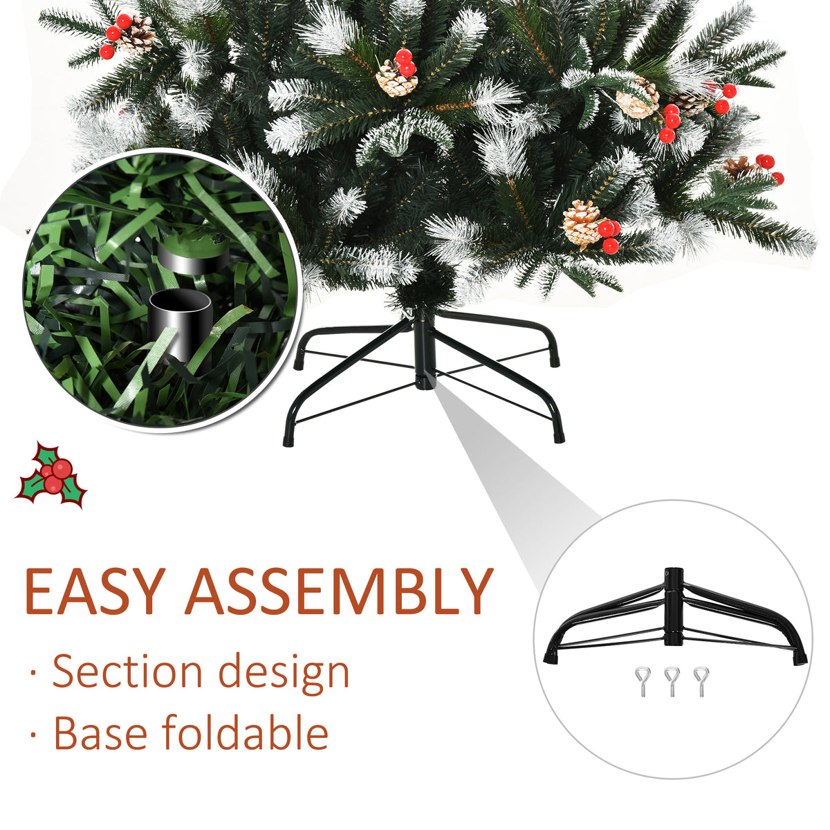 6ft Snow-Flecked Artificial Christmas Tree with Red Berries, Pinecones & 678 Tips