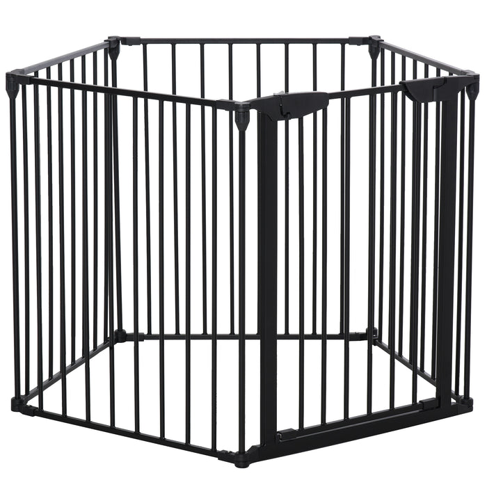 Pet Safety Gate 5-Panel Playpen Fireplace Christmas Tree Metal Fence Stair Barrier Room Divider with Walk Through Door Automatically Close Lock Black