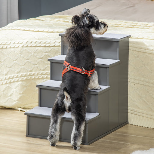 4 Step Wooden Dog Steps Pet Stairs for Dogs, Cat Ladder for Bed Couch with Non-Slip Carpet 40 x 59 x 54.2 cm, Grey