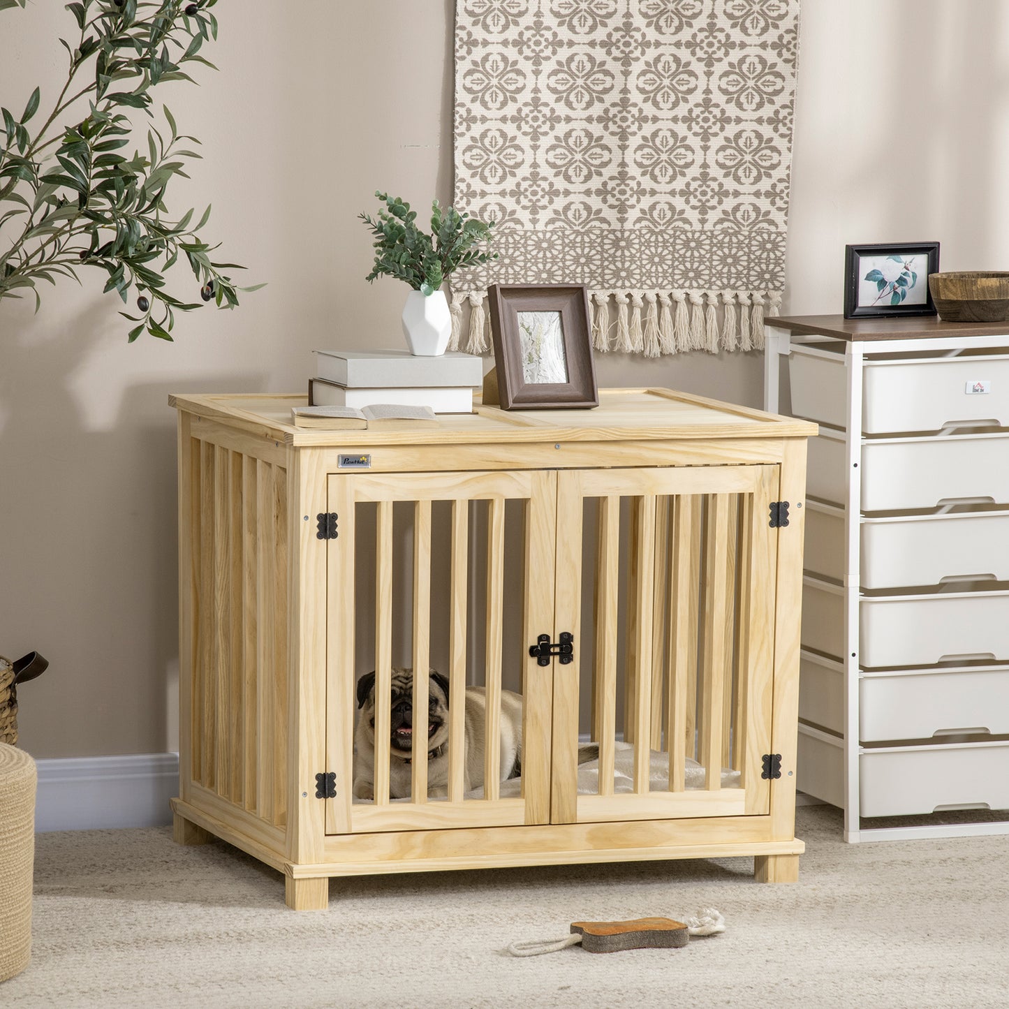 Wooden Dog Crate End Table w/ Double Doors, Furniture Style Dog Crate for Medium Dogs, Indoor Use w/ Soft Washable Cushion