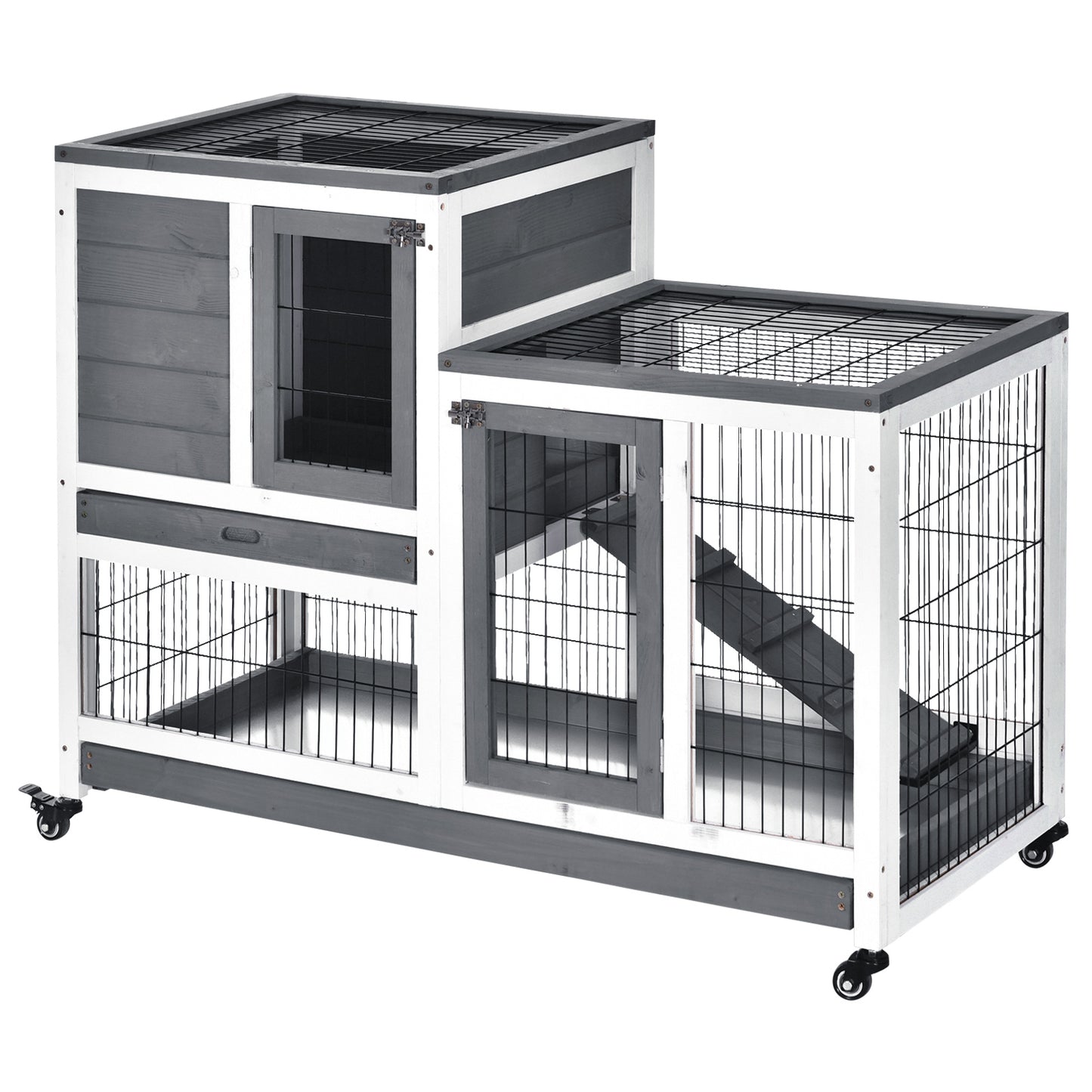 Wooden Indoor Rabbit Hutch Guinea Pig House Bunny Small Animal Cage W/ Wheels Enclosed Run 110 x 50 x 86 cm, Grey