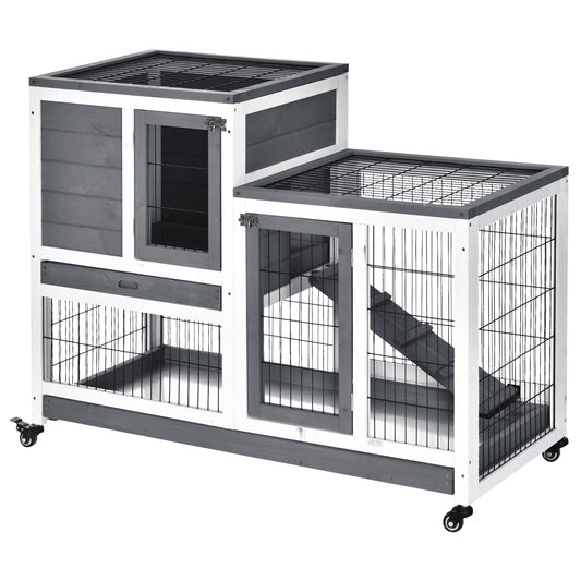 Wooden Indoor Rabbit Hutch Guinea Pig House Bunny Small Animal Cage W/ Wheels Enclosed Run 110 x 50 x 86 cm, Grey