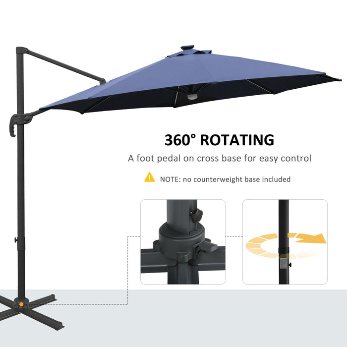 3(m) Cantilever Roma Parasol Garden Sun Umbrella Outdoor Patio with LED Solar Light Cross Base 360° Rotating, Blue