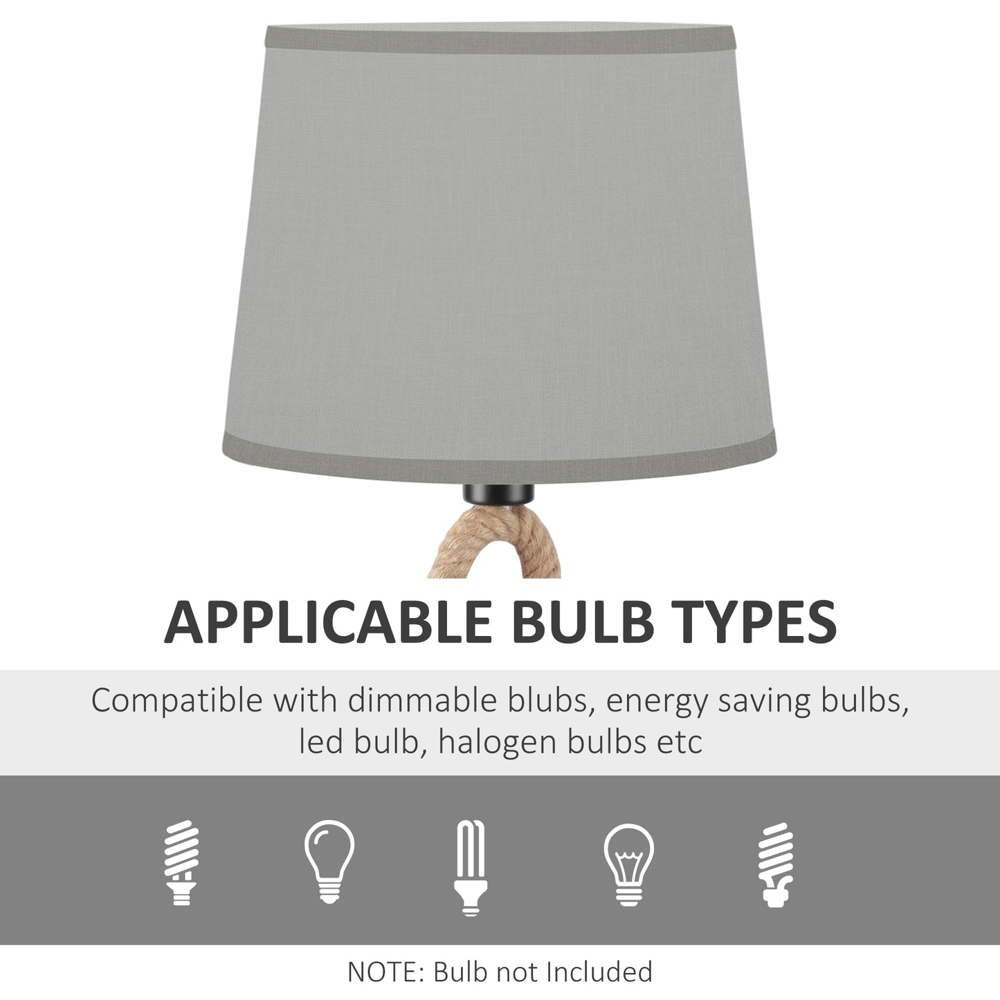 HOMCOM Nautical Table Lamp with Rope Base for E27 LED Halogen Bulb, Desk Fabric Light, Bedroom, Living room, Study