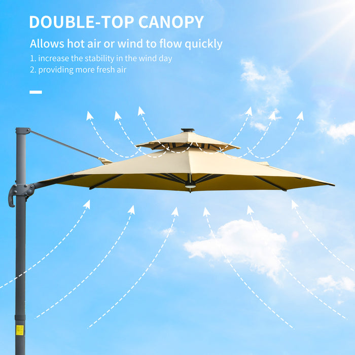 3m Cantilever Parasol w/ Solar Lights Power Bank Cross Base Adjustable Canopy 360° Spin Outdoor Garden Umbrella 2-Tier Roof Sun Shade Khaki