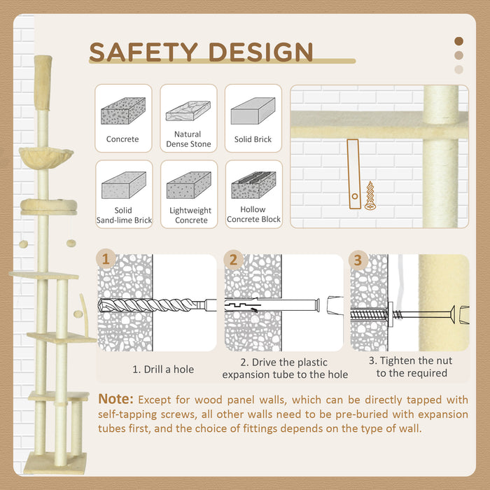 Floor to Ceiling Cat Tree, 6-Tier Play Tower Climbing Activity Center w/ Scratching Post, Platforms, Adjustable Height, Beige