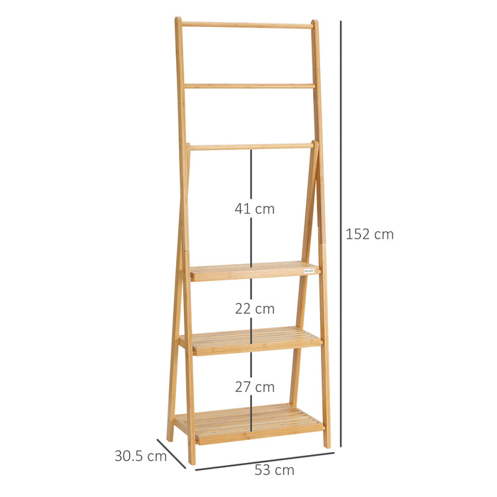 kleankin Freestanding Natural Bamboo Towel Rack with 3 Towel Rails and 3 Storage Shelves, Space-Saving Foldable Towel Holder for Bathroom