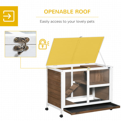Wooden Rabbit Hutch Guinea Pigs House Bunny Small Animal Cage w/ Pull-out Tray Openable Roof Wheels 91.5 x 53.3 x 73 cm, Brown