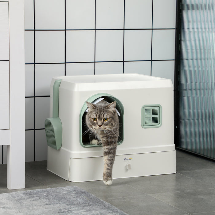 Cat Litter Box with Drawer Pan, Hooded Cat Litter Tray with Scoop, Deodorants, Front Entrance, 50 x 40 x 40cm - White