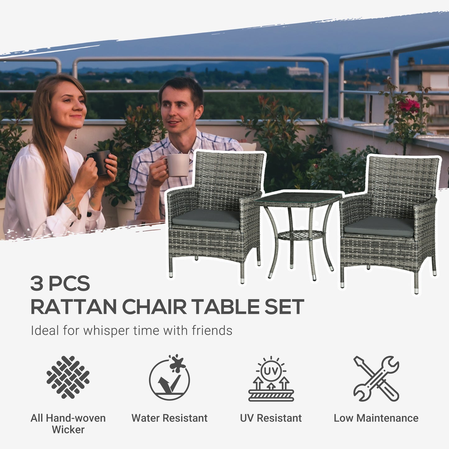 Stylish 3 Piece Outdoor Rattan Bistro Set with Cushions in Mixed Grey
