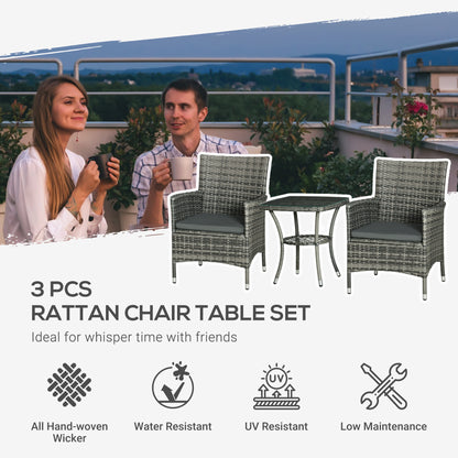 Stylish 3 Piece Outdoor Rattan Bistro Set with Cushions in Mixed Grey
