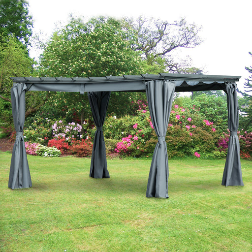 Outsunny 3.6 x 3(m) Outdoor Pergola with Retractable Roof and Curtains, Garden Gazebo Canopy Sun Shade Shelter with Aluminum Frame, Grey