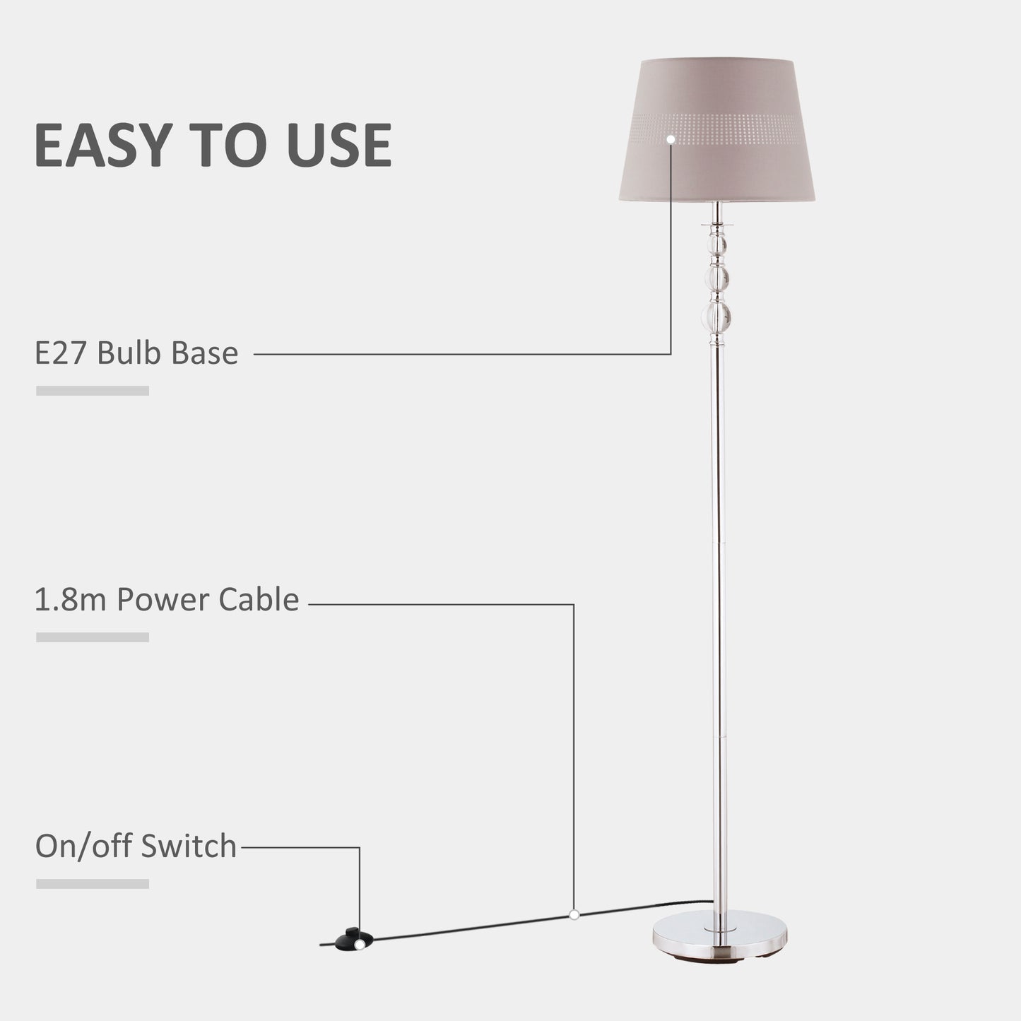 HOMCOM Floor Lamp with Hollow Out Fabric Shade, Chrome Base for Bedroom, Living Room, Study, 162cm, Grey