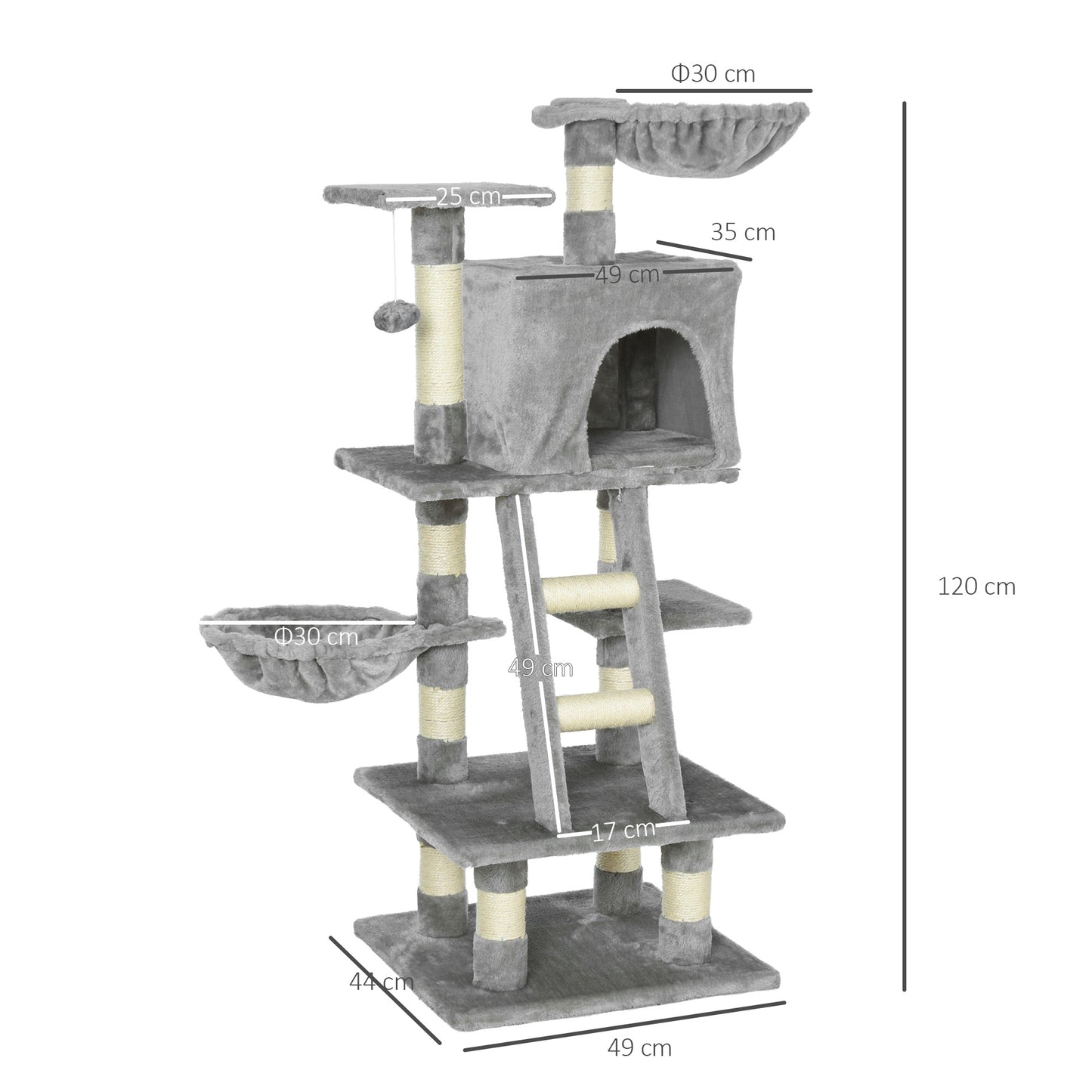 Plush Cat Tree, 125cm Cat Scratching Post for Indoor Large Cats with Hammock and Condo Activity Center Grey
