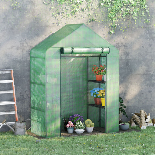 Outsunny Walk In Greenhouse for Outdoor, Portable Gardening Plant Grow House with 2 Tier Shelf, Roll-Up Zippered Door, PE Cover, 141 x 72 x 191cm, Green