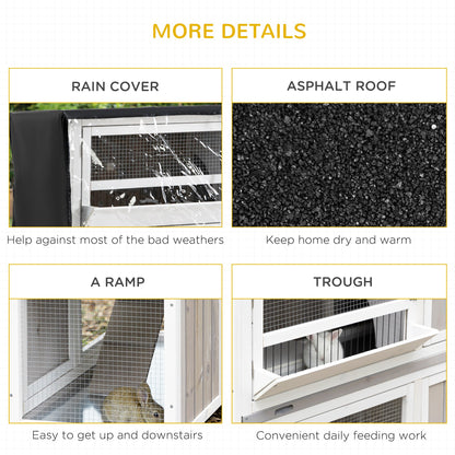 4 FT Rabbit Hutch Two Tier Wooden Guinea Pig Cage Bunny House w/ Rain Cover, Wheels - Grey