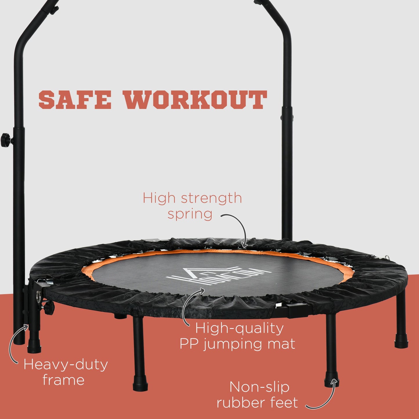 HOMCOM 40" Foldable Mini Trampoline Fitness Trampoline Rebounder for Adults w/ Adjustable Foam Handle, for Indoors, Outdoors, Cardio Training