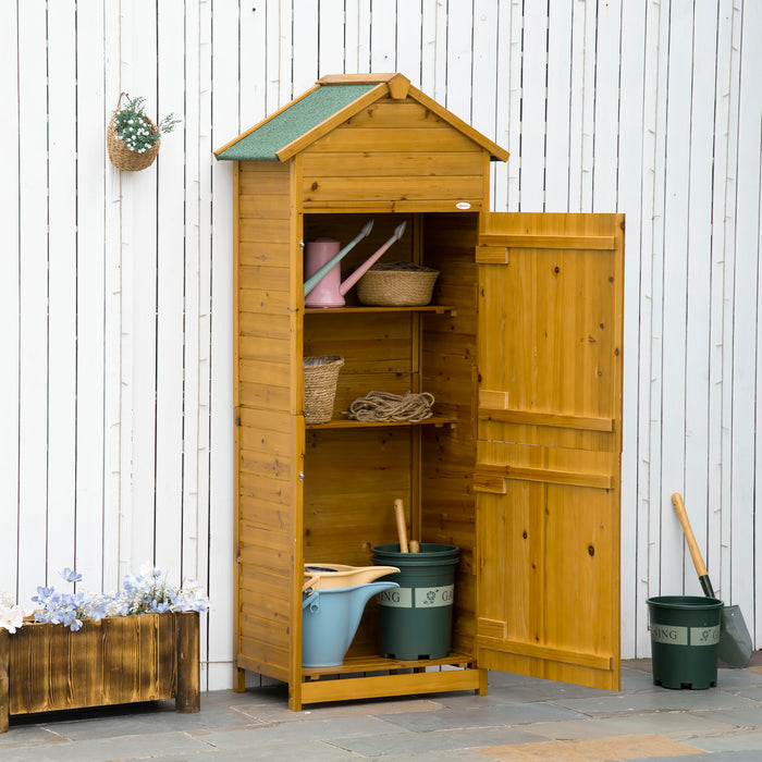 Outsunny Wooden Garden Storage Shed Utility Gardener Cabinet w/ 3 Shelves, Tilted-felt Roof and Two Lockable Doors, 79cm x 49cm x 191.5cm , Natural wood effect