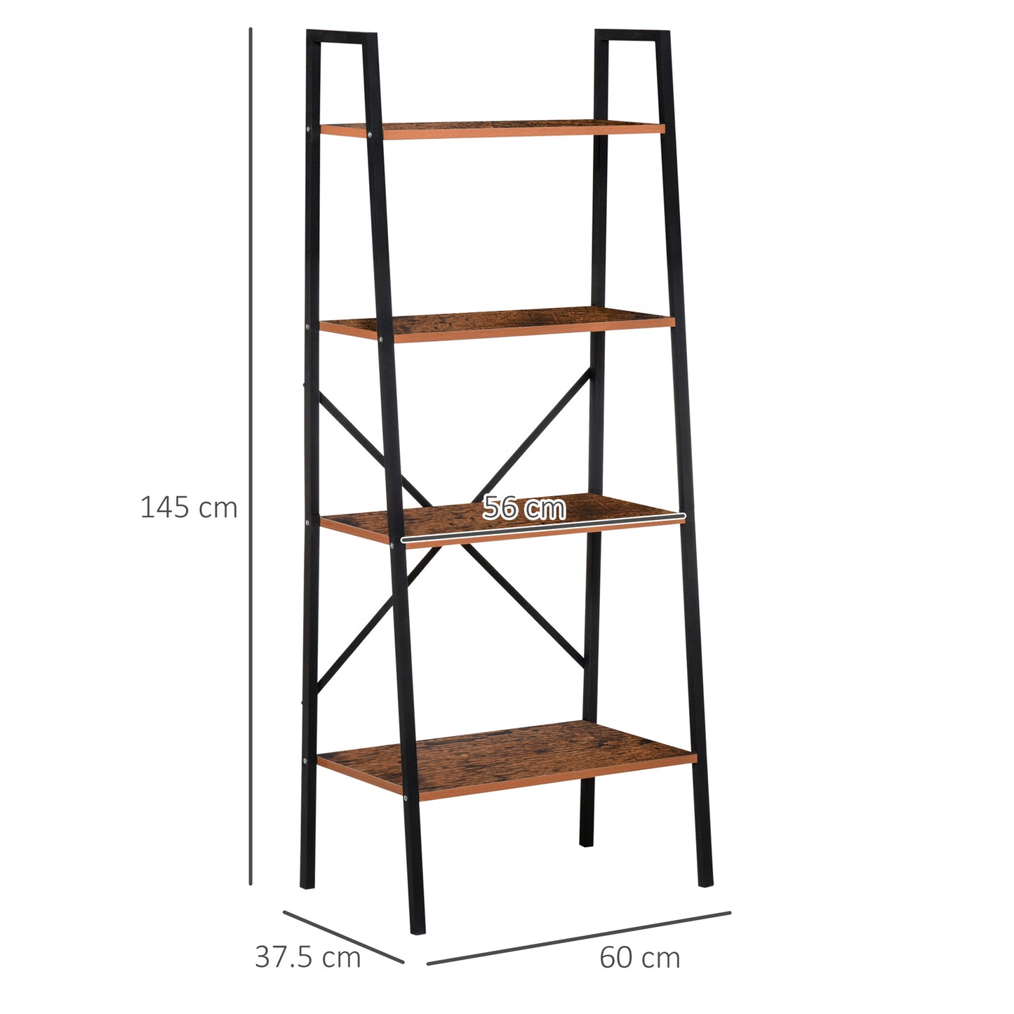 4-Tier Vintage Ladder Shelf Bookcase Wood Storage Rack Stand Plants Display Black brown