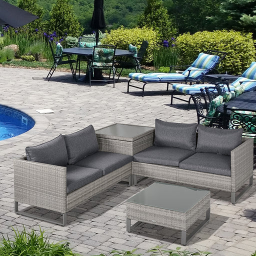 Outsunny 4 PCs PE Rattan Wicker Sofa Set Outdoor Conservatory Furniture Lawn Patio Coffee Table w/ Side Storage Box & Cushion, Grey