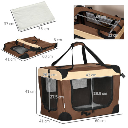 60cm Foldable Pet Carrier Bag Soft Travel Dog Crate, Portable Cat Carrier w/ Cushion, for Cats and Miniature Dogs - Brown
