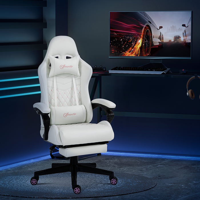 Racing Gaming Chair with Swivel Wheel, Footrest, PU Leather Recliner Gamer Desk for Home Office, White