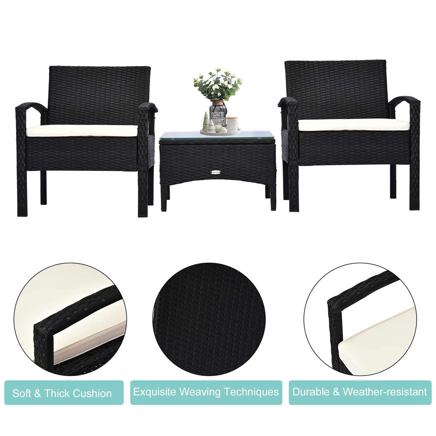 Outsunny 3 Pieces Outdoor Rattan Bistro Set, Patio Wicker Balcony Furniture, Conservatory Sofa Sets w/ Coffee Table and Cushioned Chair, Black