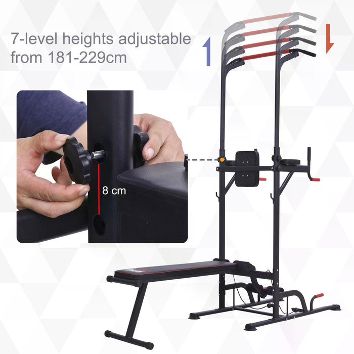 Multifunction Power Tower Home Workout Dip Station w/ Sit-up Bench Push-up Bars and Tension Ropes Fitness Equipment Office Gym Training