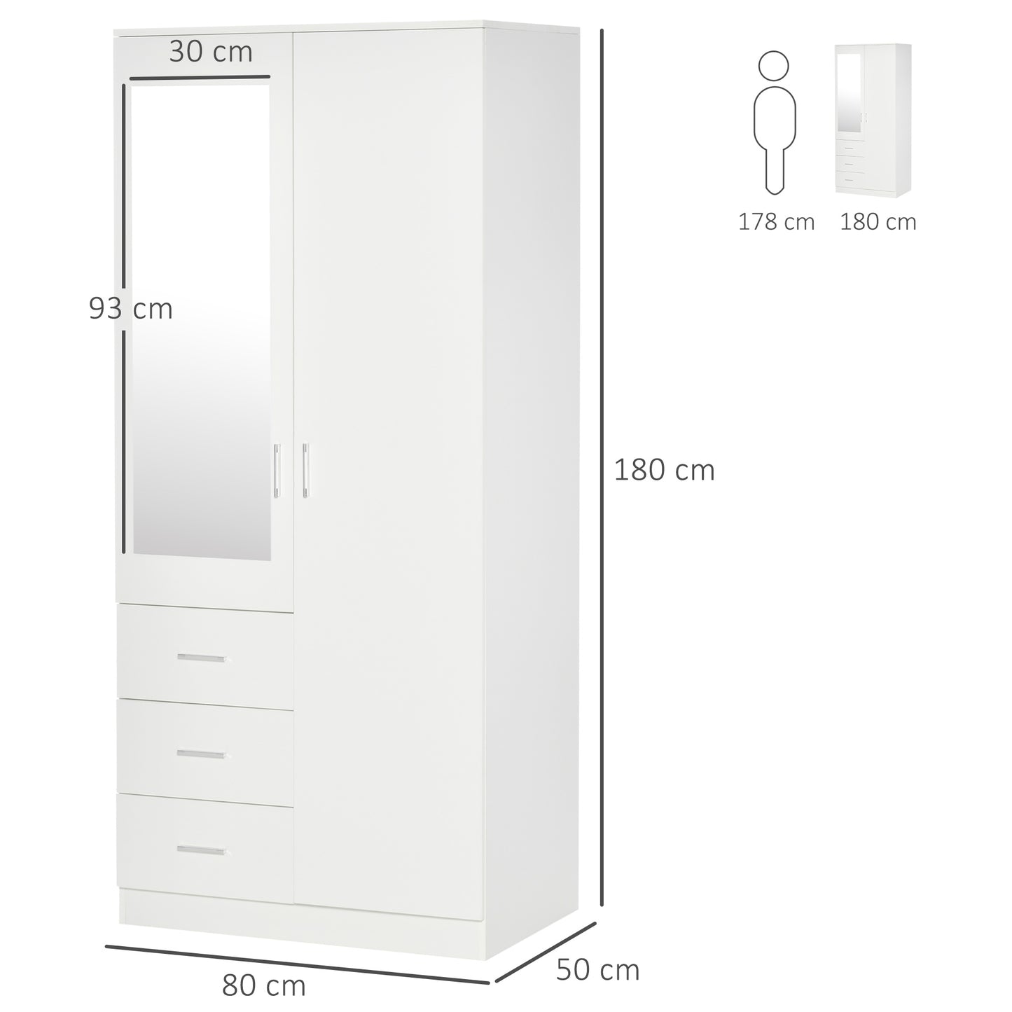 Modern Mirror Wardrobe 2 Door Storage Cupboards Home Storage Organisation Furniture with Adjustable Shelf, 3 Drawers, 80W x 50D x 180Hcm-Whit