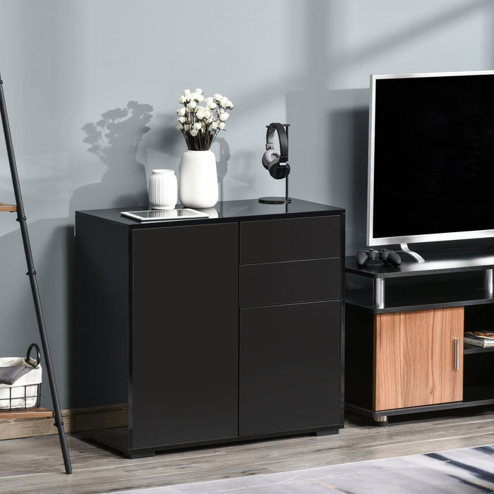 High Gloss Sideboard, Side Cabinet, Push-Open Design with 2 Drawer for Living Room, Bedroom, Black