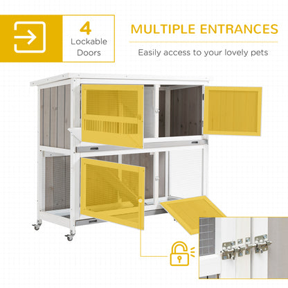 4 FT Rabbit Hutch Two Tier Wooden Guinea Pig Cage Bunny House w/ Rain Cover, Wheels - Grey