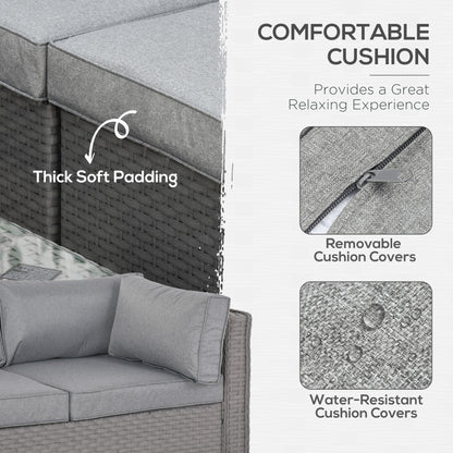 6 Pieces Outdoor PE Rattan Wicker Corner Sofa Set with 10cm Thick Padded Cushions, Aluminium Conservatory Furniture with Glass Top Coffee Table, Footstools, Grey