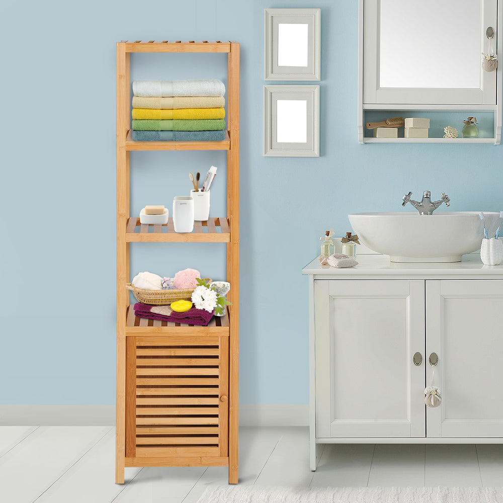 140cm Storage Unit Freestanding Cabinet w/ 3 Shelves Cupboard Bathroom Kitchen Home Tall Utility Organiser