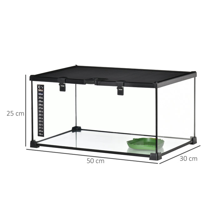 Glass Reptile Terrarium Insect Breeding Tank Vivarium Habitats with Thermometer for Lizards, Horned Frogs, Snakes, Spiders - Medium 50 x 30 x 25cm