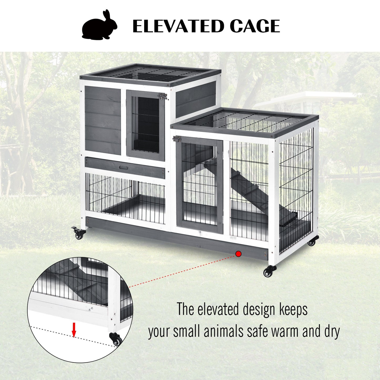Wooden Indoor Rabbit Hutch Guinea Pig House Bunny Small Animal Cage W/ Wheels Enclosed Run 110 x 50 x 86 cm, Grey