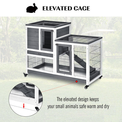 Wooden Indoor Rabbit Hutch Guinea Pig House Bunny Small Animal Cage W/ Wheels Enclosed Run 110 x 50 x 86 cm, Grey