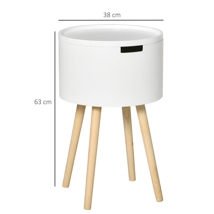 Modern Side Table with Hidden Storage Space, Round Night Stand with Removable Tray Wood Frame End Coffee Table, White