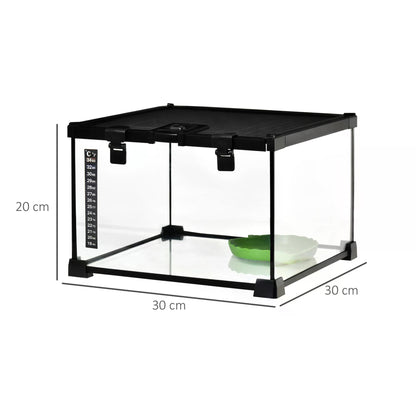 Glass Reptile Terrarium Insect Breeding Tank Vivarium Habitats with Thermometer for Lizards, Horned Frogs, Snakes, Spiders - Small 30 x 30 x 20cm