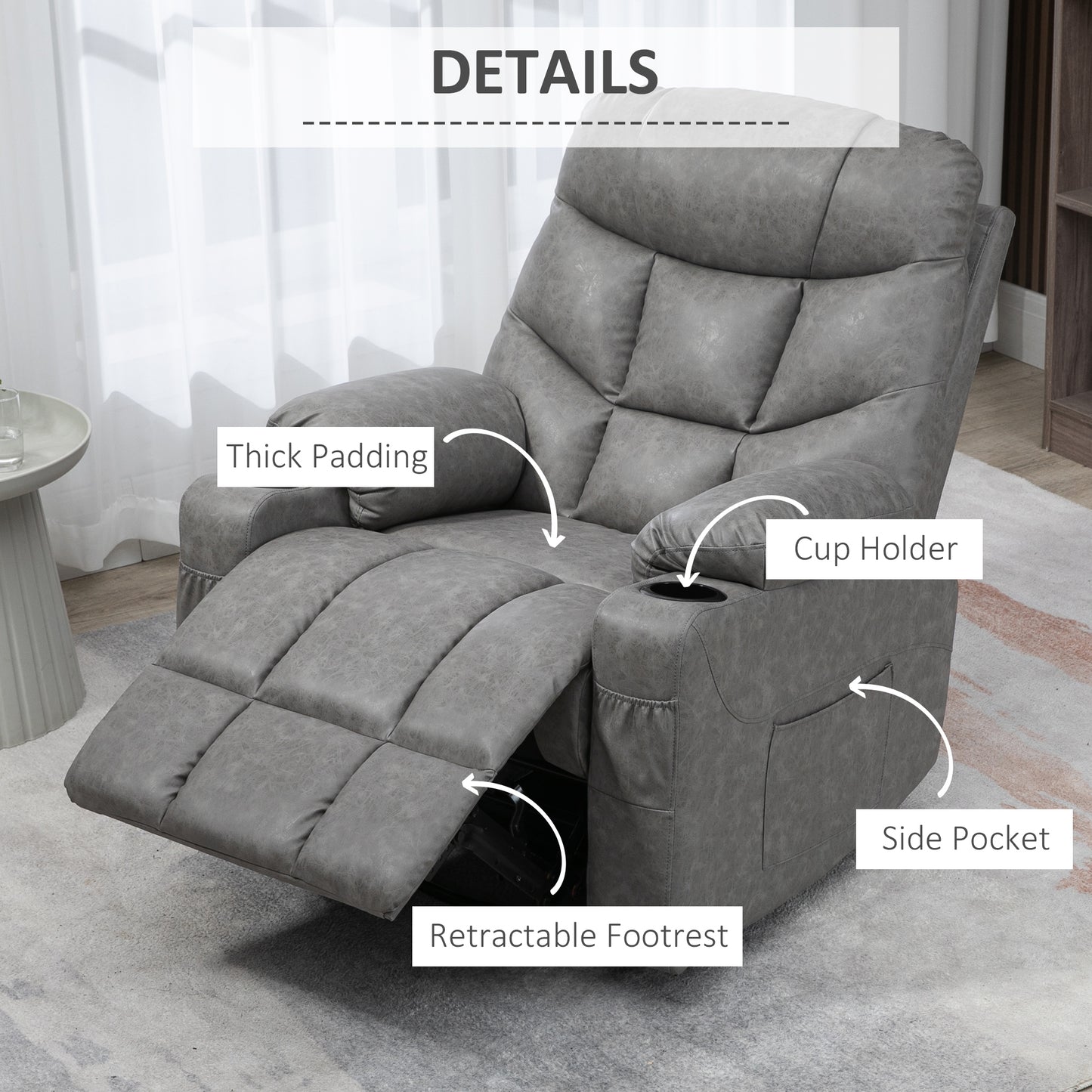 Manual Recliner Chair, Overstuffed PU Leather Recliner Armchair with Footrest, Cup Holders, Side Pockets, 360¬¨¬®¬¨¬Æ‚Äö√Ñ√∂‚àö‚Ä†‚àö¬™ Swivel for Living Room Bedroom, Light Grey