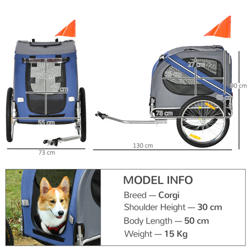 Folding Dog Bike Trailer Pet Cart Carrier for Bicycle Travel in Steel Frame with Hitch Coupler - Blue & Grey