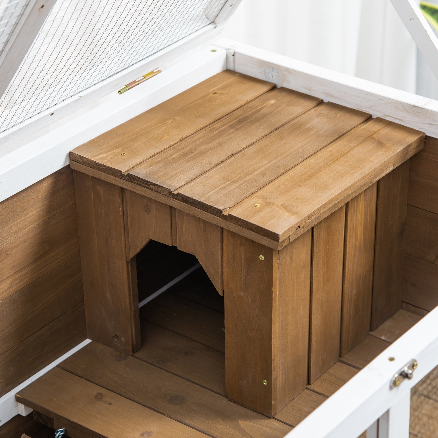 Wooden Rabbit Hutch Guinea Pigs House Bunny Small Animal Cage w/ Pull-out Tray Openable Roof Wheels 91.5 x 53.3 x 73 cm, Brown
