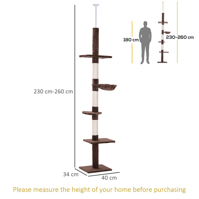 Floor to Ceiling Cat Tree for Indoor Cats 5-Tier Kitty Tower Climbing Activity Center Scratching Post Adjustable Height 230-260 cm Brown